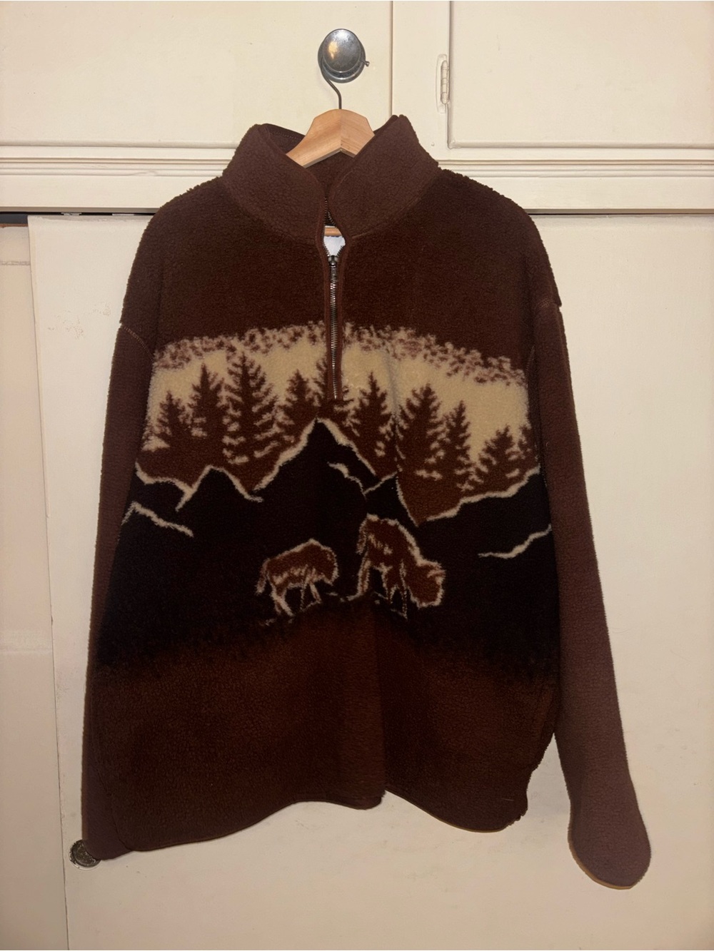 Old Navy Mens 2XL Brown Fleece 1/4 Zip Mock Neck Pullover Graphic